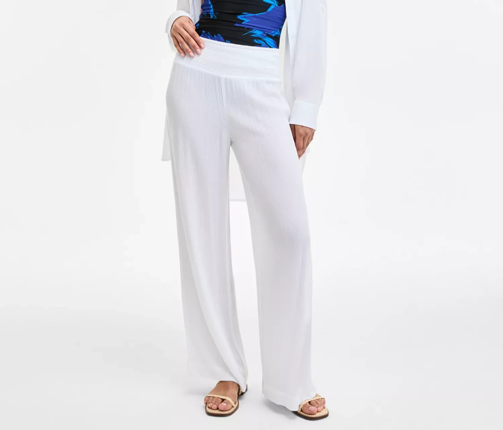 DKNY Women's Smocked-Waist Cover-Up Pull-On Pants White Size L 3208